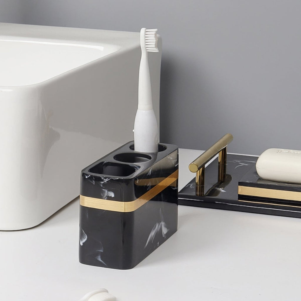 LUXORA – Elegant Black Marble Accent Bathroom Tray with Gold Edges 1