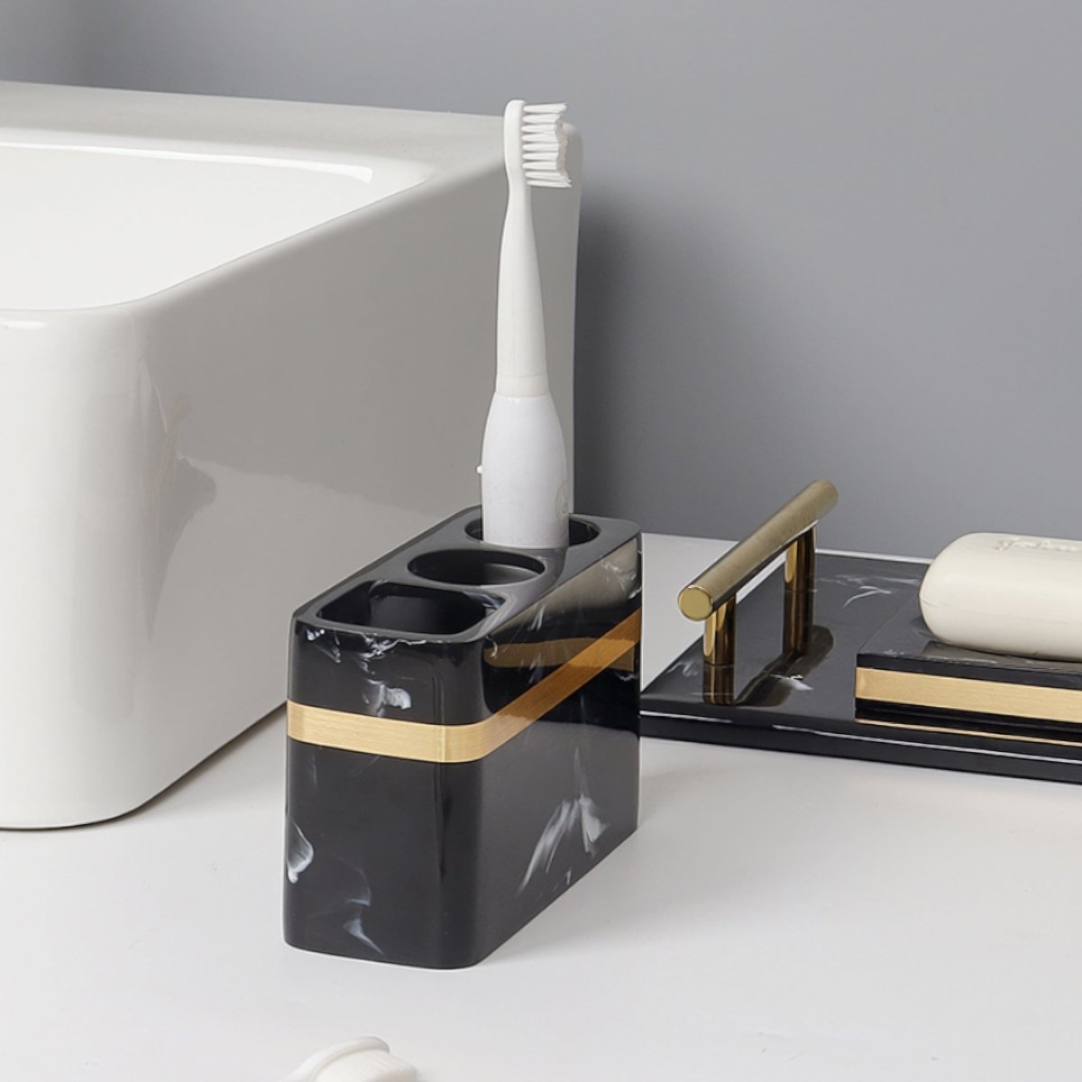 LUXORA – Elegant Black Marble Accent Bathroom Tray with Gold Edges 1