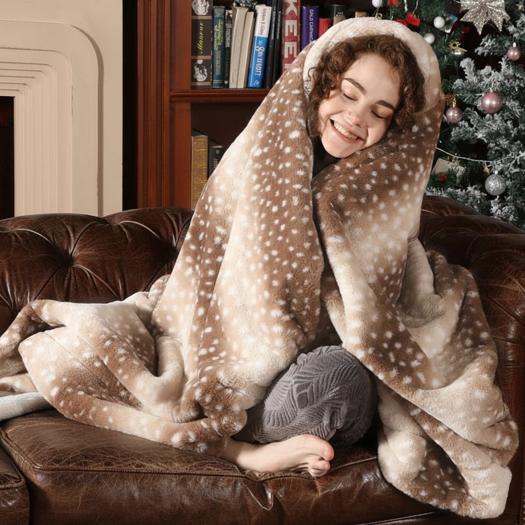 DEERCOZY – Cozy Deer Print Faux Fur Throw Blanket – Double-Sided Plush Comfort 1