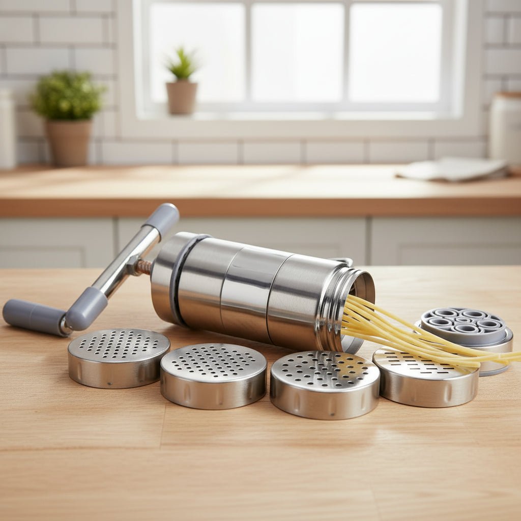 Portable Manual Stainless Steel Pasta Maker Machine with 5 Mold Heads 0