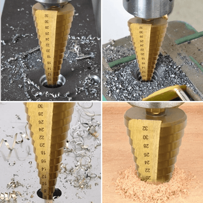 High-Speed Steel Drill Bit Set with Titanium Coating – 6-Piece Step and Toothed Drill Bits for Wood, Plastic, and Aluminum-6