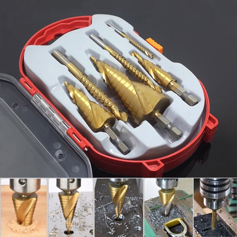High-Speed Steel Drill Bit Set with Titanium Coating – 6-Piece Step and Toothed Drill Bits for Wood, Plastic, and Aluminum-3