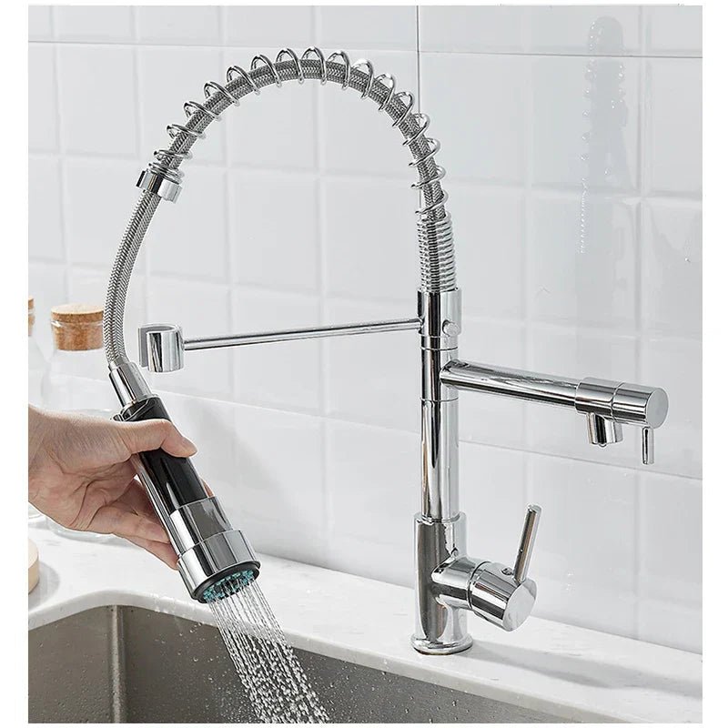 Dualflow Kitchen Tap-modern kitchen tap with double pouring & elegant black and gold finish 11