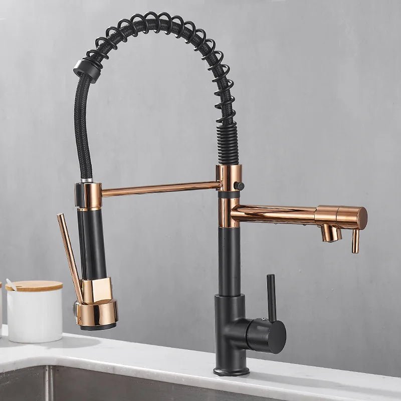 Dualflow Kitchen Tap-modern kitchen tap with double pouring & elegant black and gold finish 2