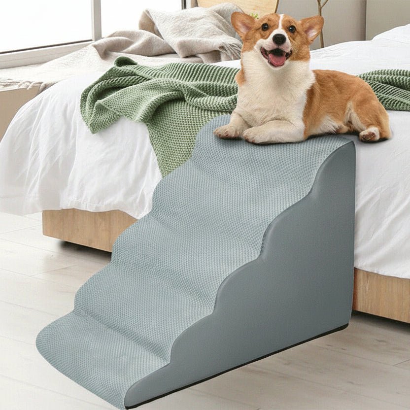 Foam Dog Ramp - 5-Step Pet Stairs for High Beds & Sofas with Washable Cover 0