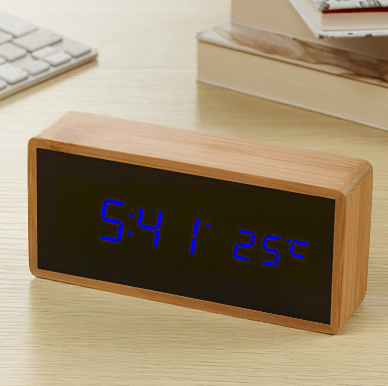 Bamboo LED Alarm Clock with Dual Power Options - Minimalist Design & Bright Display 3