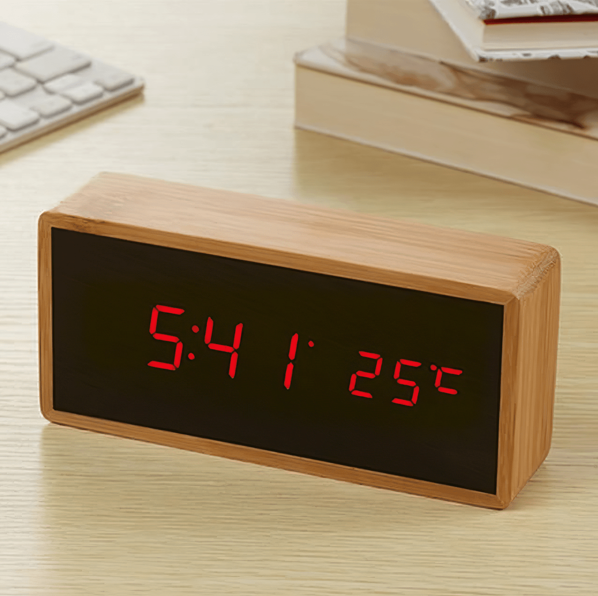Bamboo LED Alarm Clock with Dual Power Options - Minimalist Design & Bright Display 2