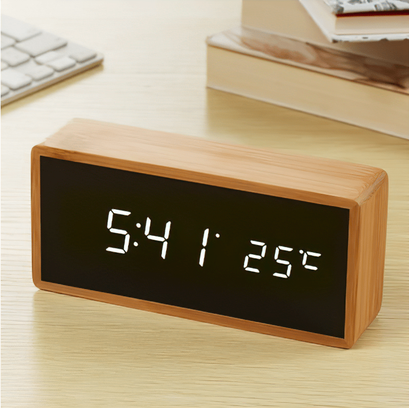 Bamboo LED Alarm Clock with Dual Power Options - Minimalist Design & Bright Display 0