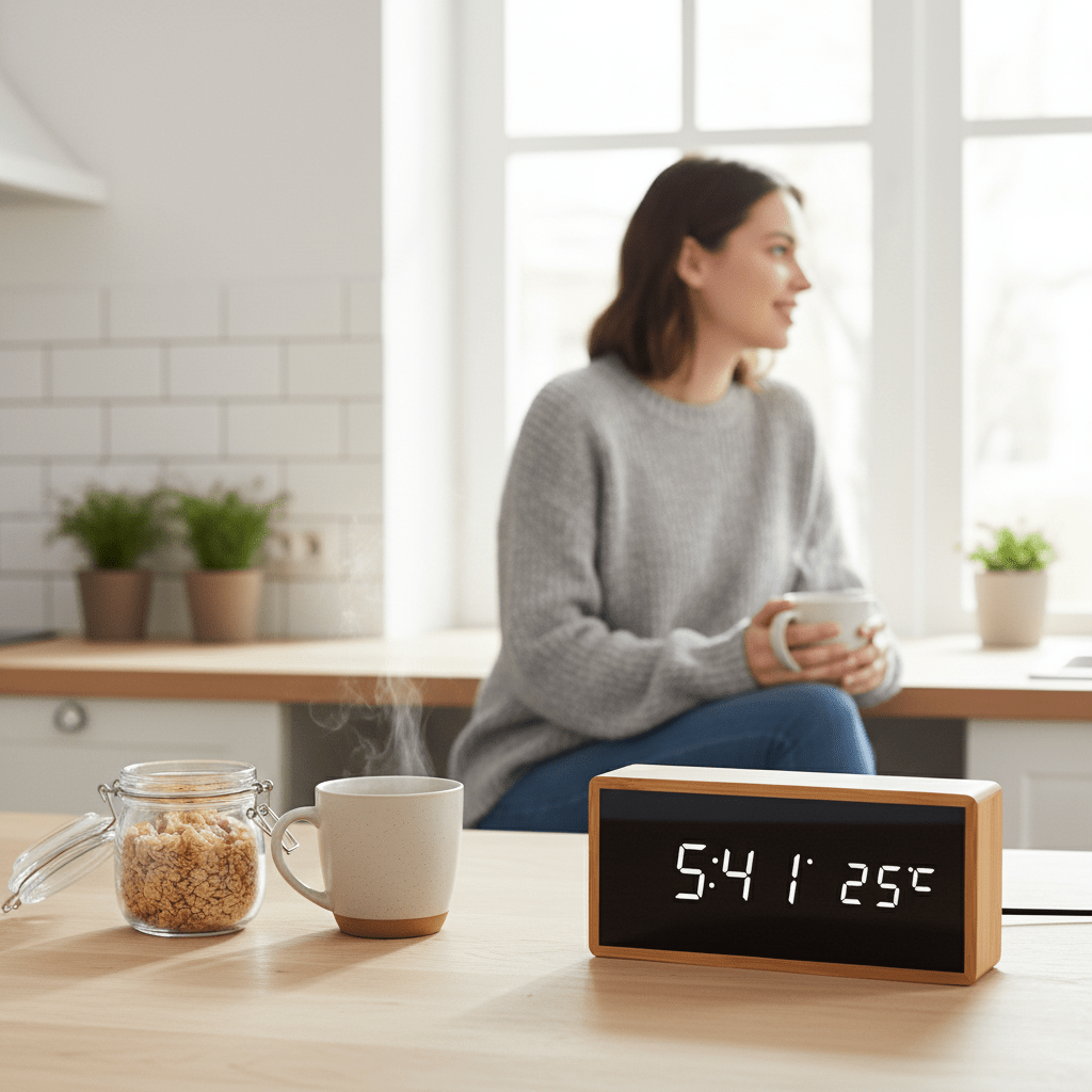 ECOCLOCK – Bamboo LED Alarm Clock with Time and Temperature Display