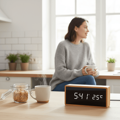 ECOCLOCK – Bamboo LED Alarm Clock with Time and Temperature Display