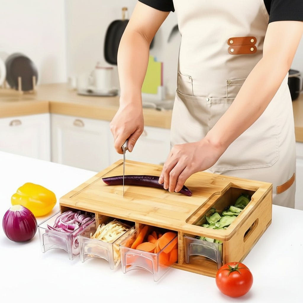 Eco-Friendly Bamboo Cutting Board with 4 Interchangeable Blades & Storage Trays 1
