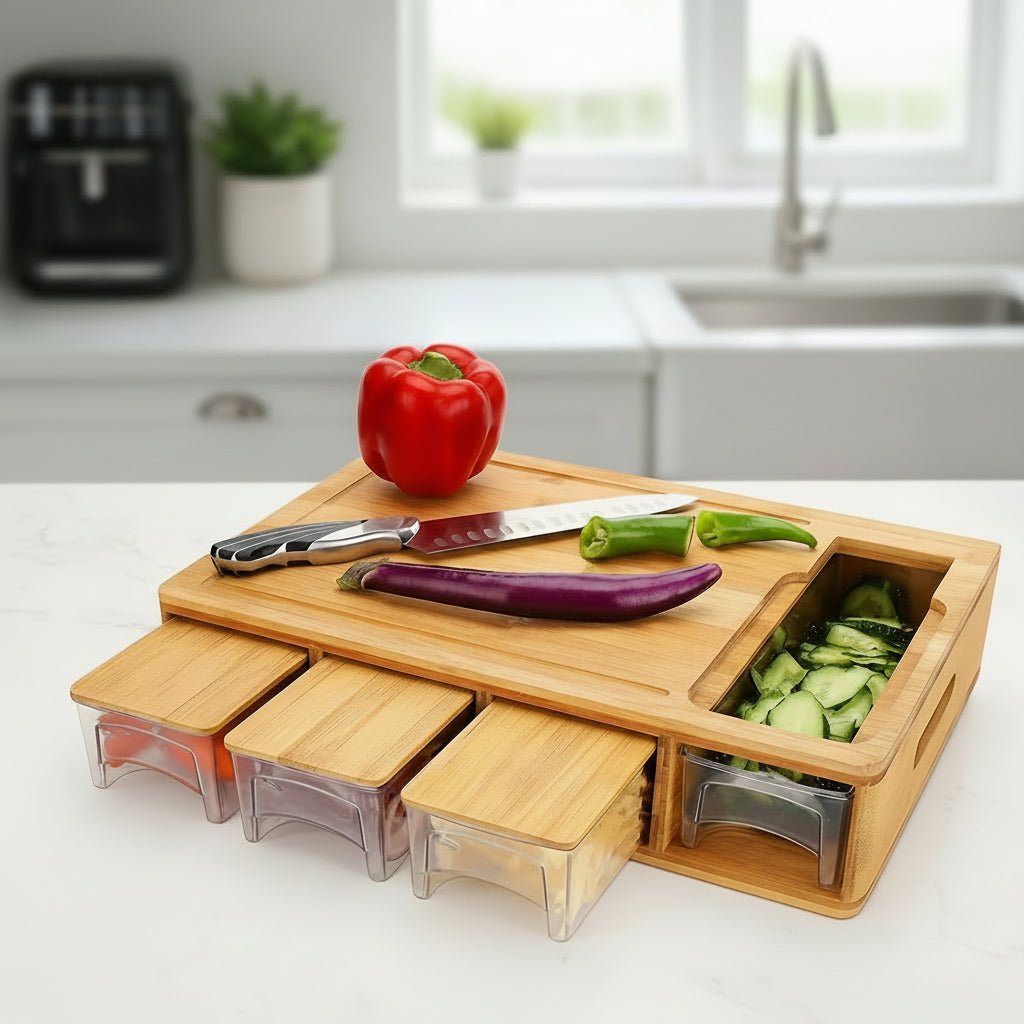 Eco-Friendly Bamboo Cutting Board with 4 Interchangeable Blades & Storage Trays 0