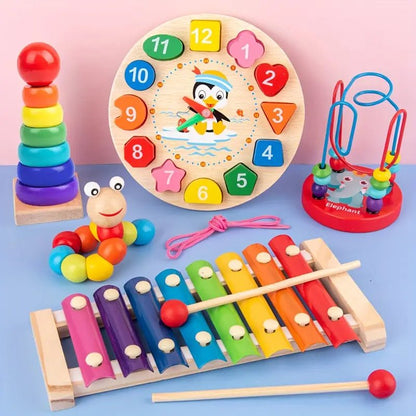 Eduquest 5-in-1 Montessori-Set - Holz-Lernspielzeug für Babys - Motorische Fähigkeiten & sensorische Entwicklung ab 6 Monaten