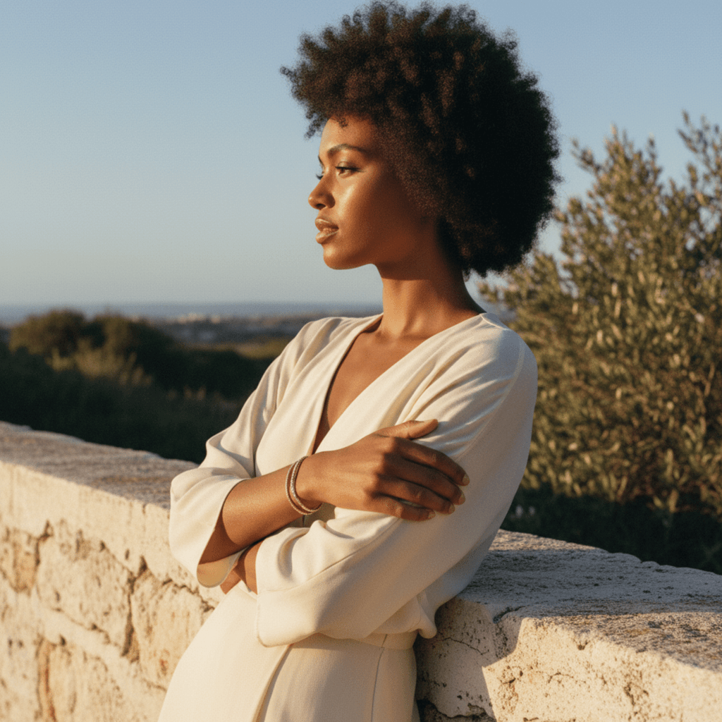 Woman in a white outfit standing against a stone wall with greenery in the background