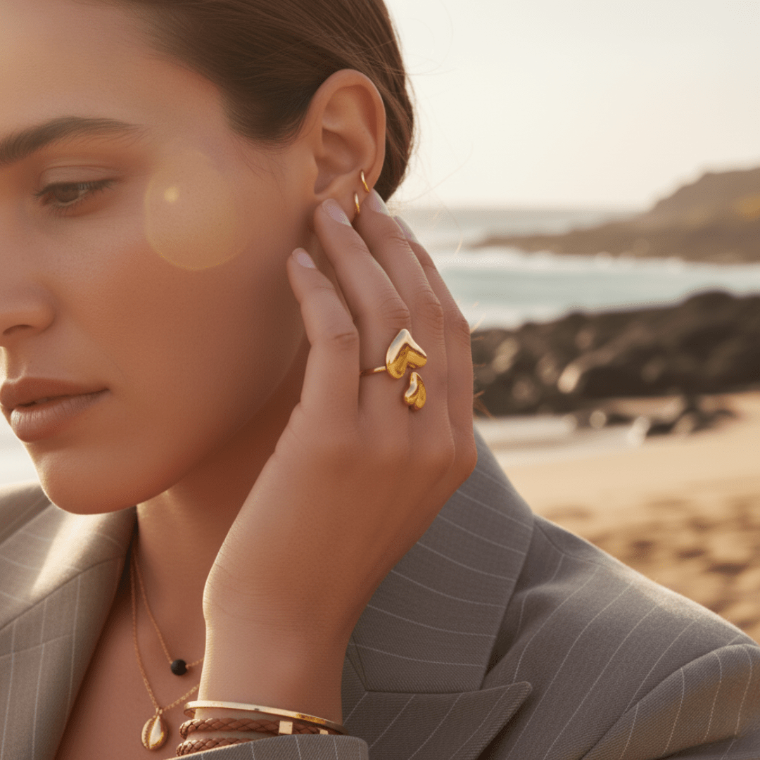 Elegante verstelbare ring met dubbele liefdesharten - gouden roestvrijstalen sieraden