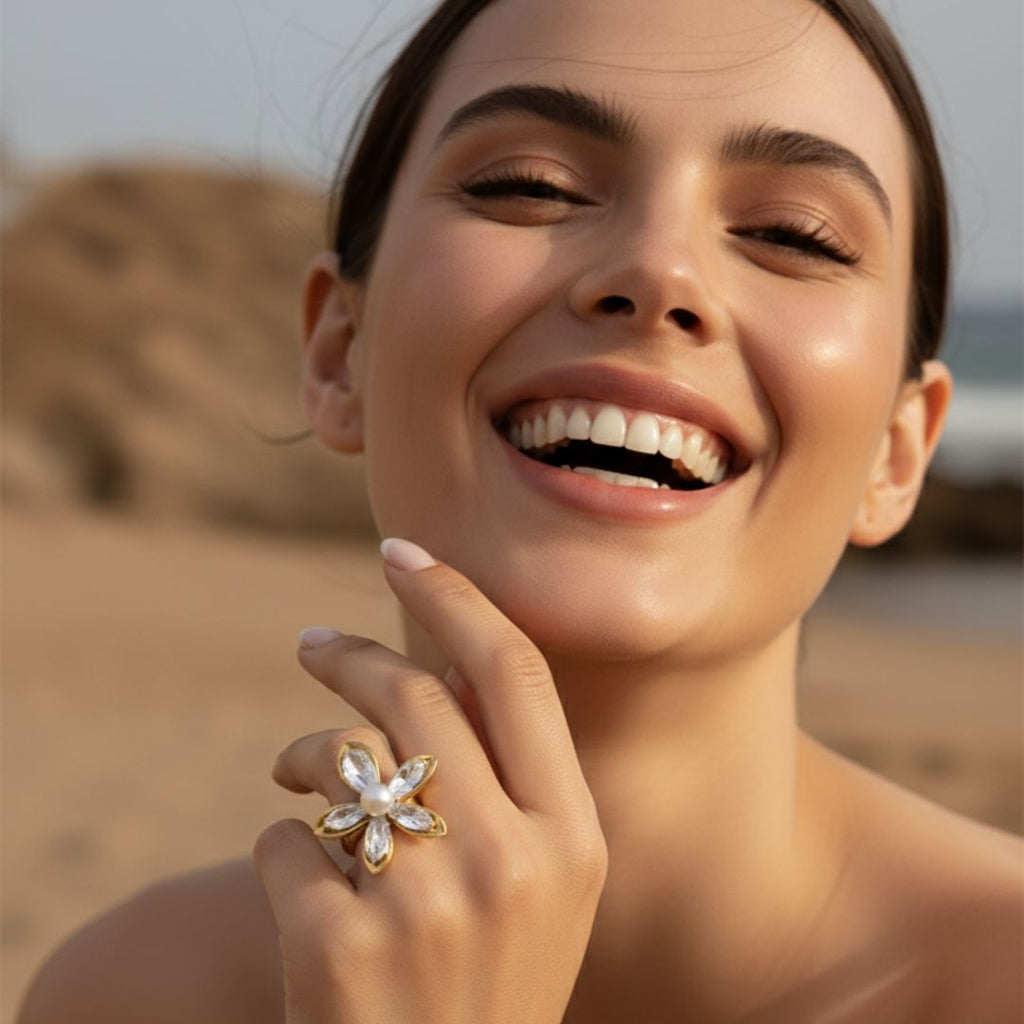 Anello Elegante con Perla a Fiore - Gioielli in Acciaio Inossidabile Ipoallergenico per Pelle Sensibile