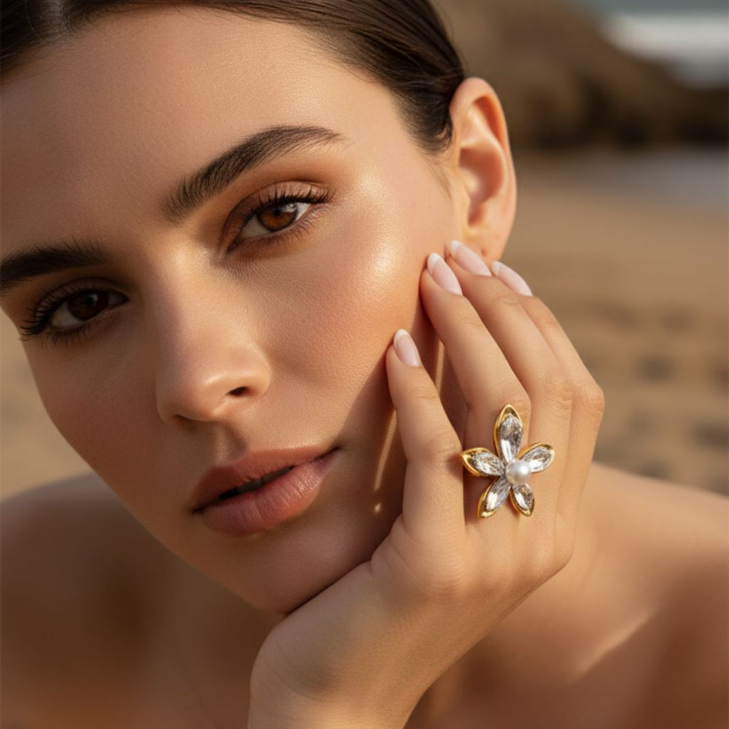 Anello Elegante con Perla a Fiore - Gioielli in Acciaio Inossidabile Ipoallergenico per Pelle Sensibile