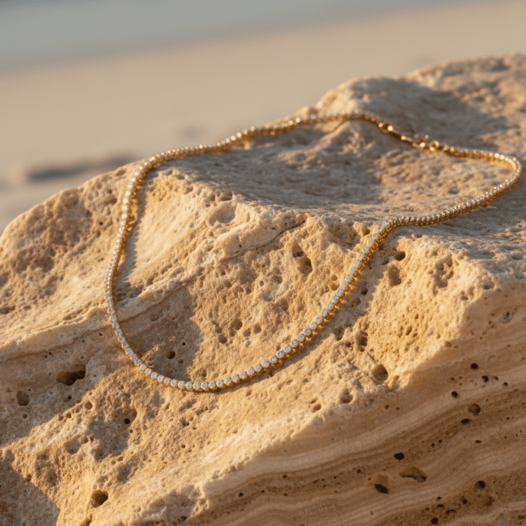 Elegant Gold Necklace - Round Bezel Tennis Design with Cubic Zirconia