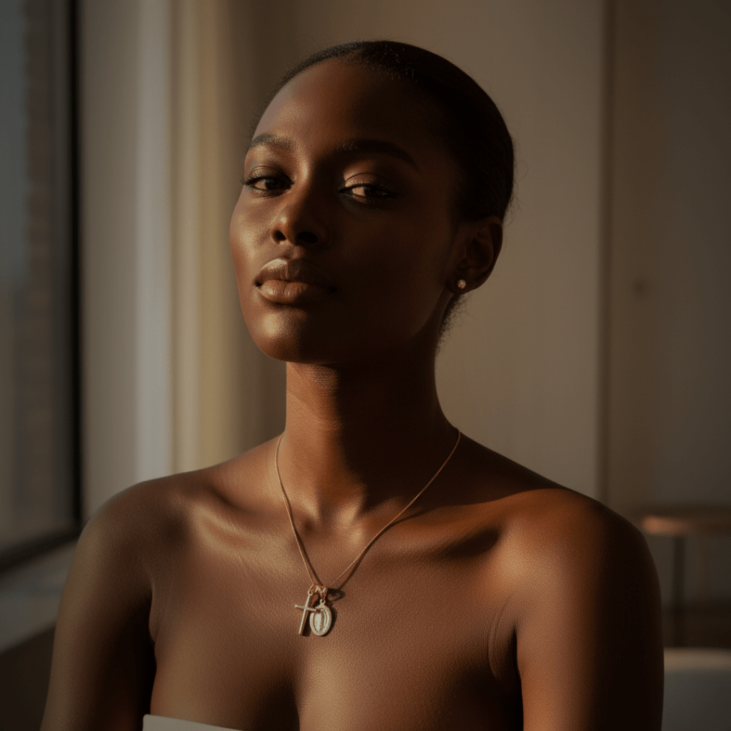 Elegante collana d'oro con catena regolabile e ciondolo a croce di Guadalupe