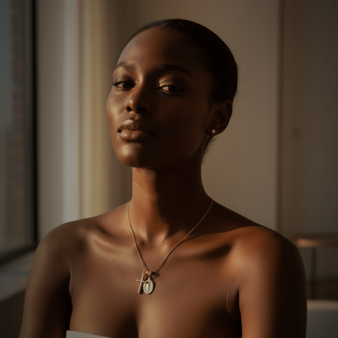 Elegante collana d'oro con catena regolabile e ciondolo a croce di Guadalupe