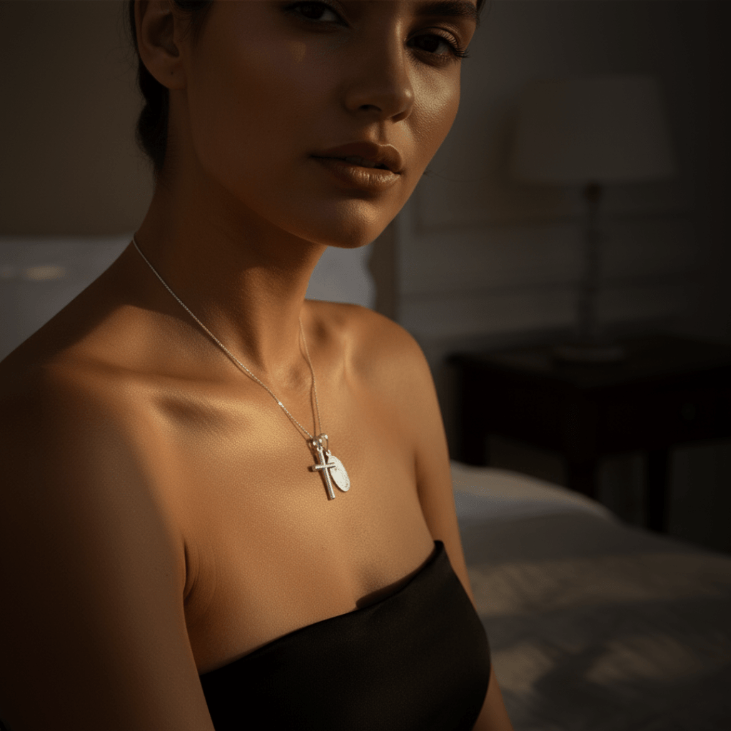 Elegante collana d'oro con catena regolabile e ciondolo a croce di Guadalupe