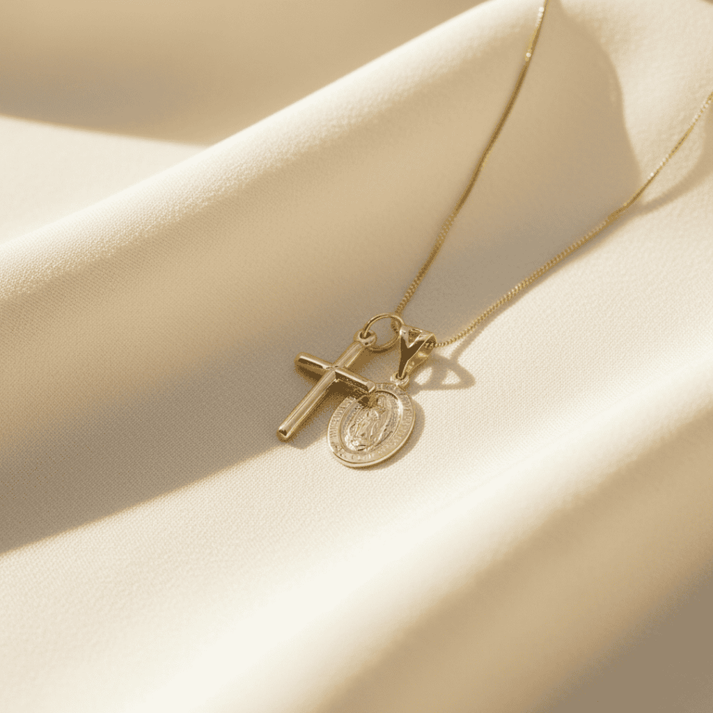 Collar elegante de cruz Guadalupe - Latón chapado en oro con cadena ajustable