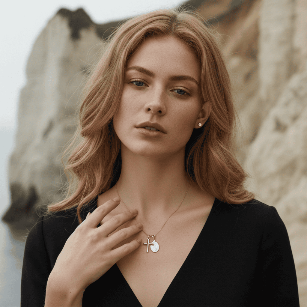 Collar elegante de cruz Guadalupe - Latón chapado en oro con cadena ajustable