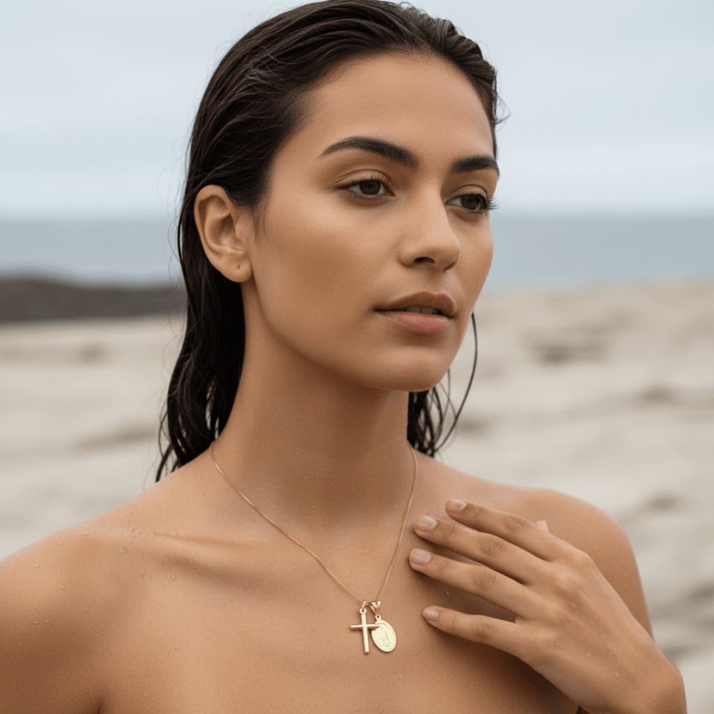 Collar elegante de cruz Guadalupe - Latón chapado en oro con cadena ajustable