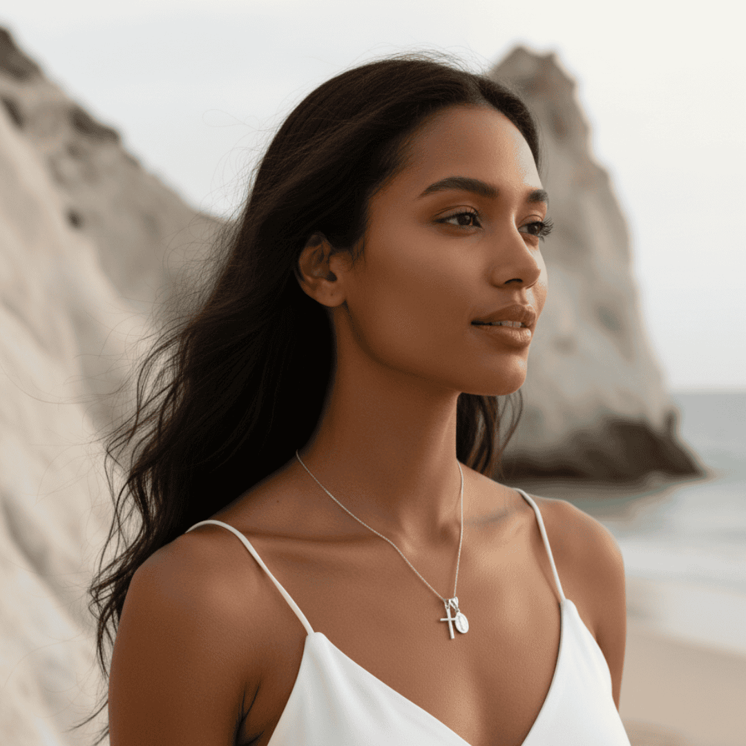 Elegantný náhrdelník s krížom Guadalupe – mosadz pozlátená zlatom s nastaviteľným reťazcom