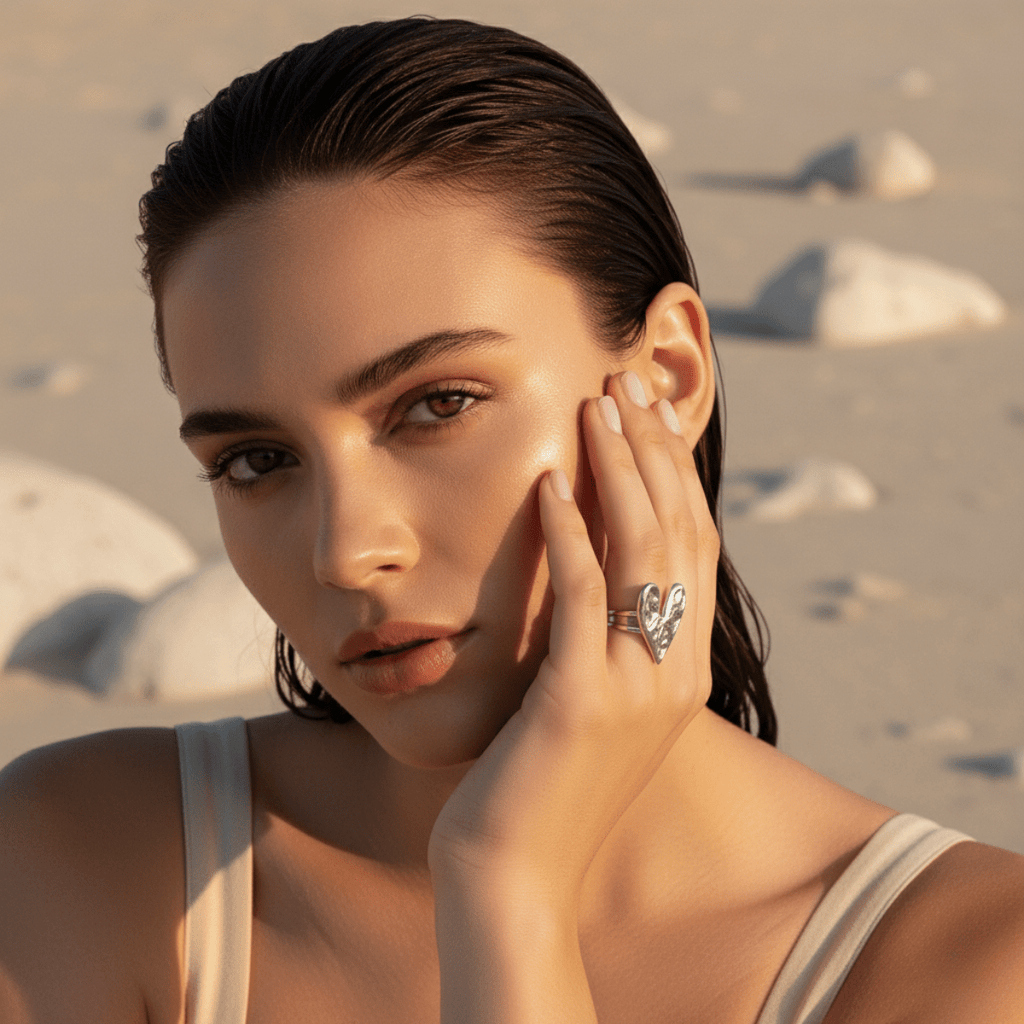 Ring met hart van maanverlichte zee