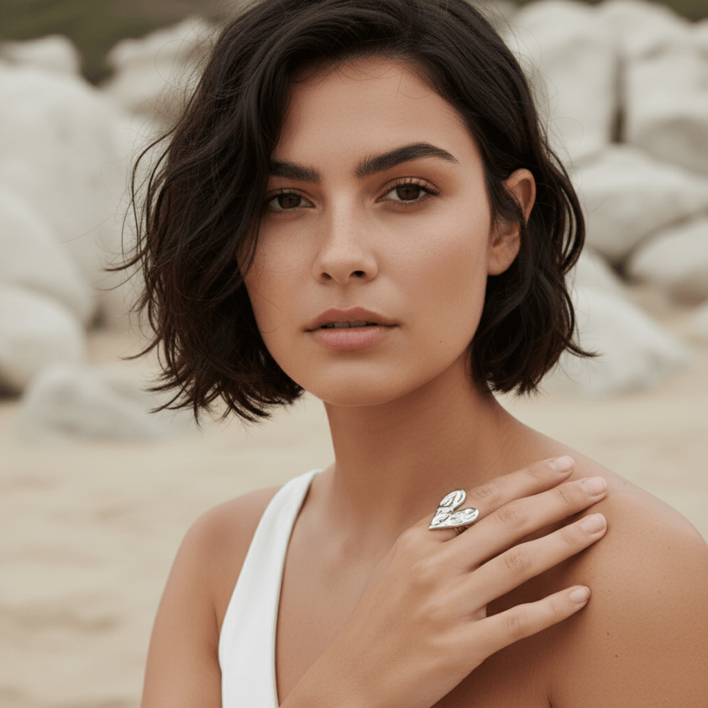 Ring met hart van maanverlichte zee