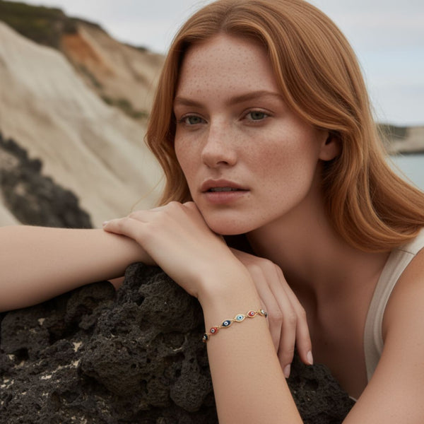 Elegante braccialetto con occhio portafortuna multicolore - placcato oro