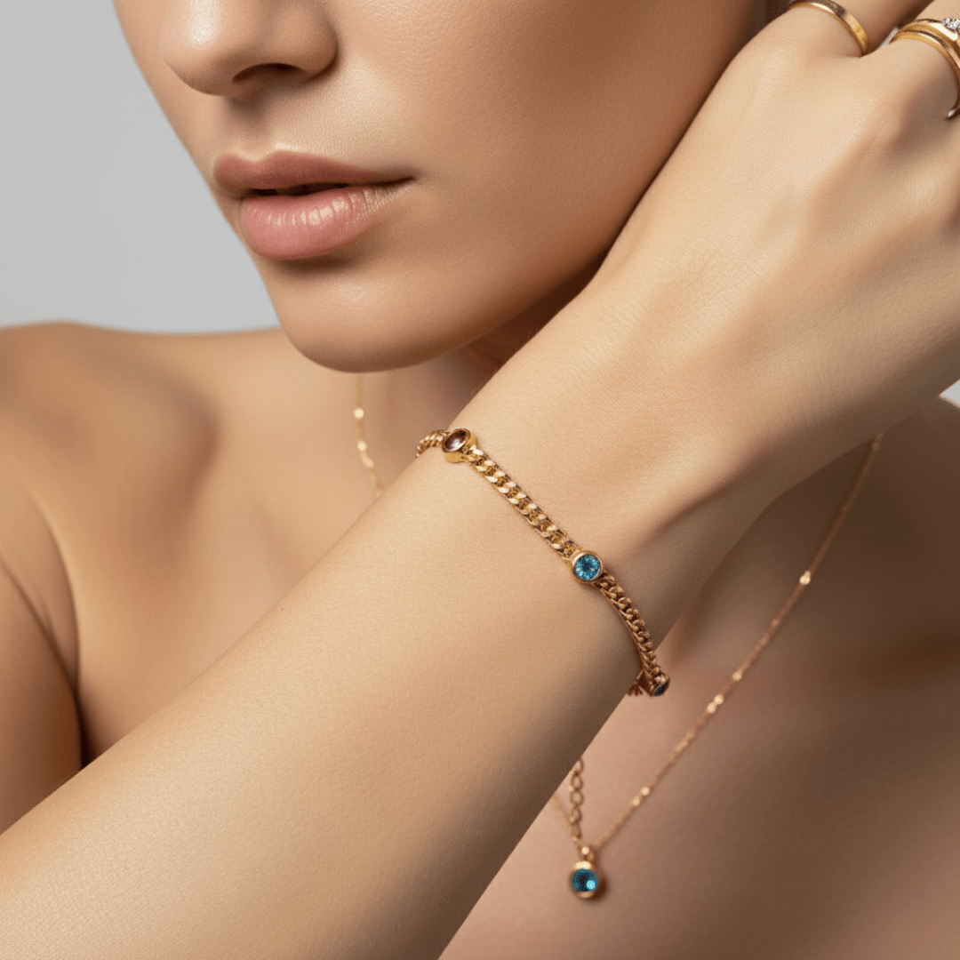 Elegant Multi Gem Bracelet - Gold Plated Brass and Lobster Clasp