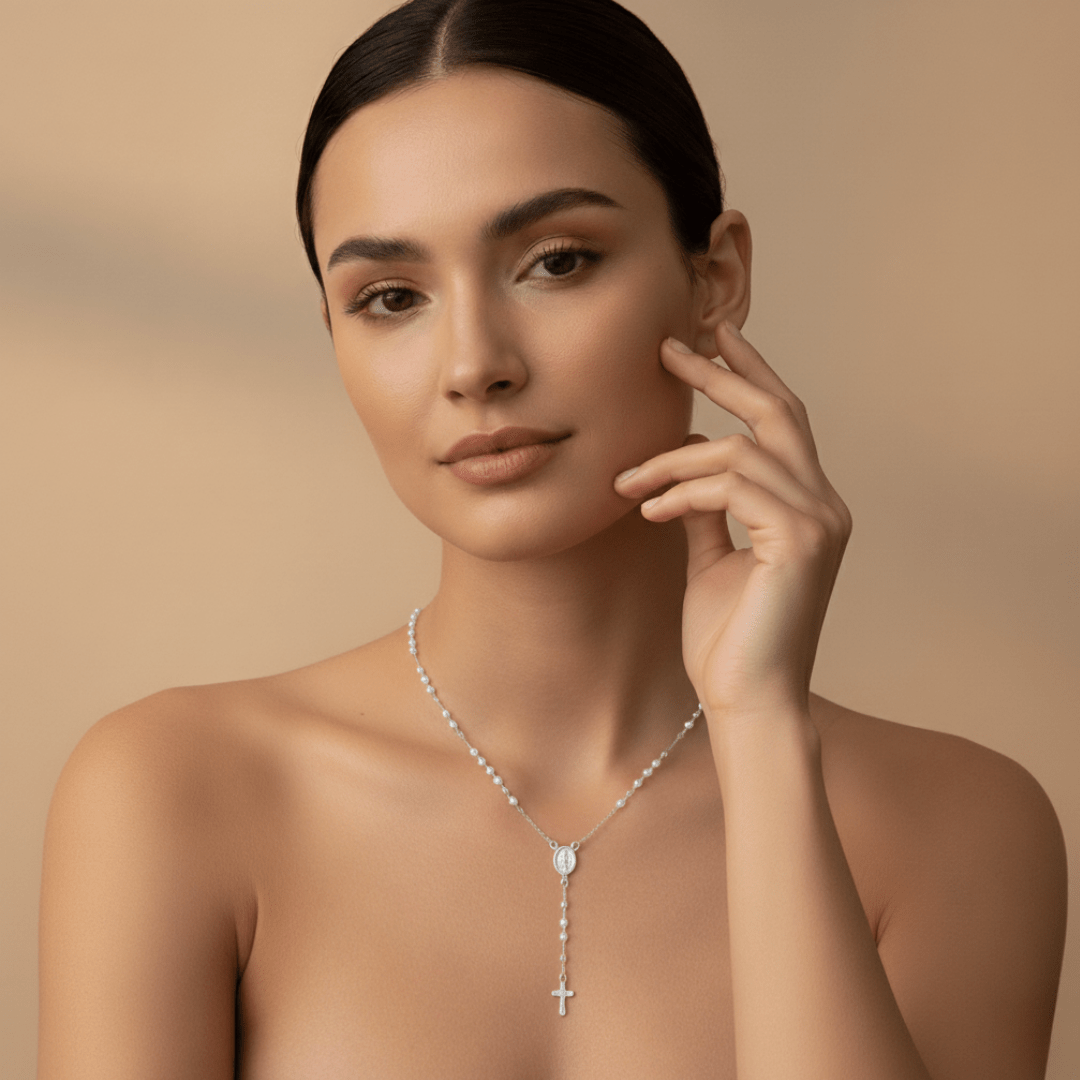Elegant Pearl Mary Rosary Cross Necklace - Gold Filled