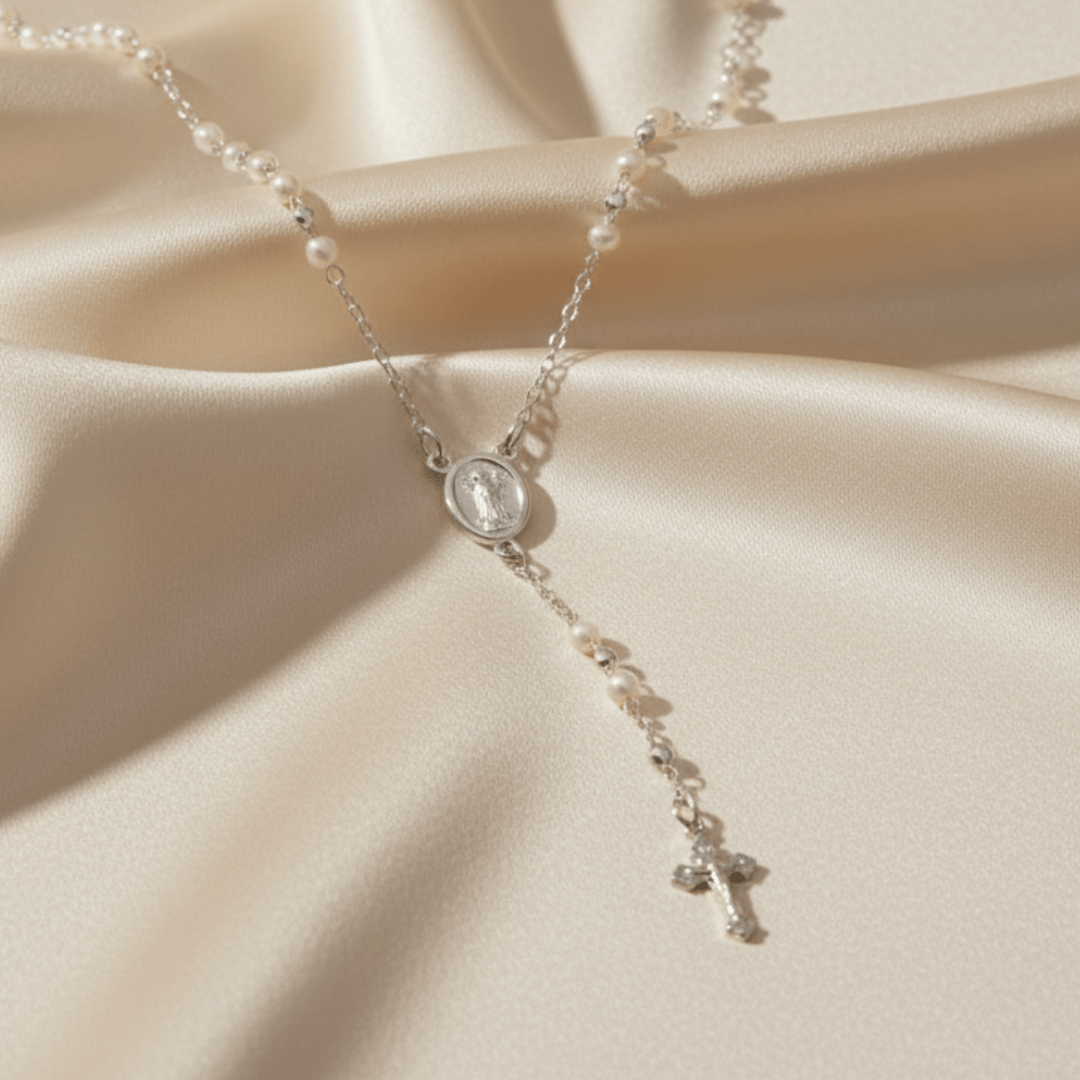 Elegant Pearl Mary Rosary Cross Necklace - Gold Filled