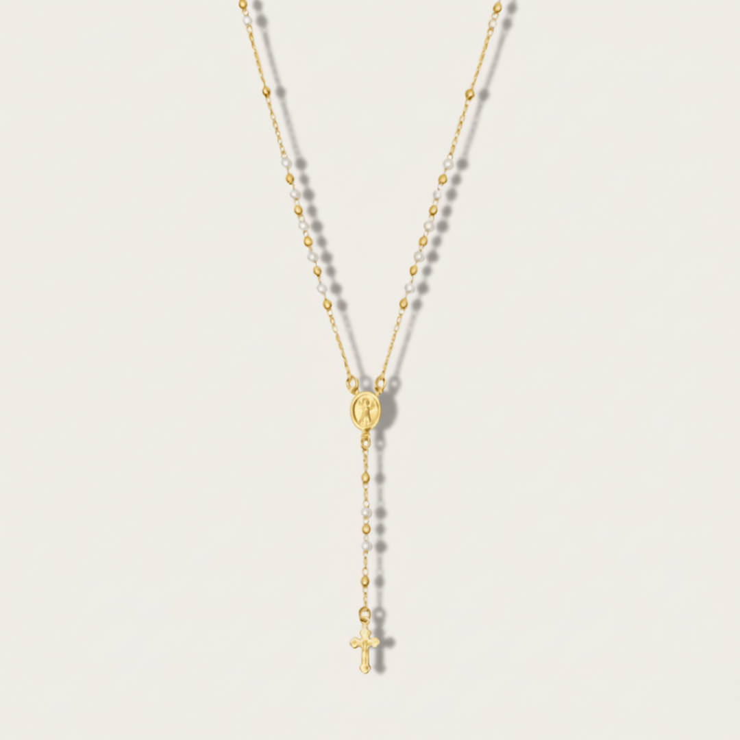 Elegant Pearl Mary Rosary Cross Necklace - Gold Filled
