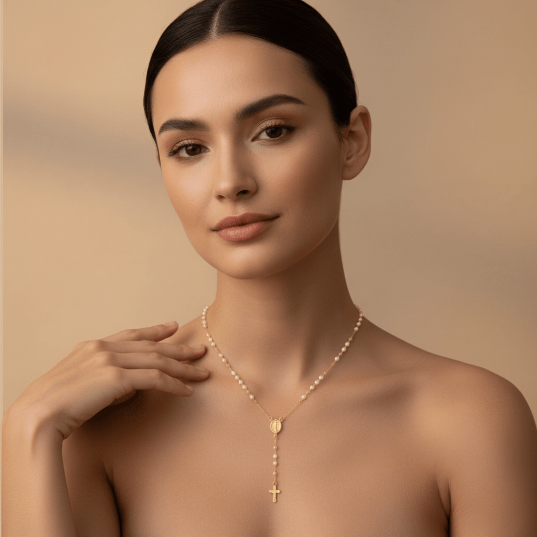 Elegant Pearl Mary Rosary Cross Necklace - Gold Filled