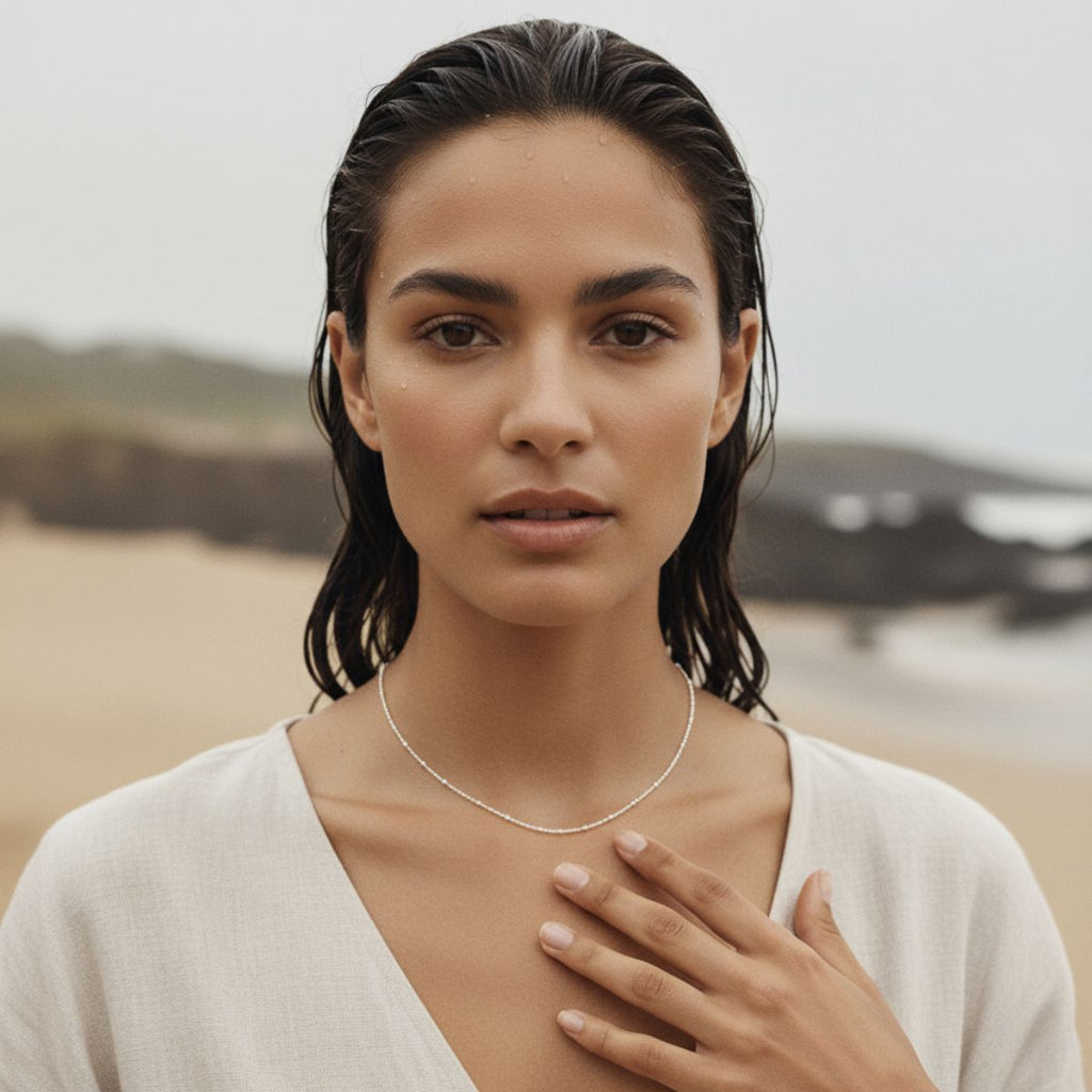 Elegant Silver Beaded Chain Necklace with Gold Plating