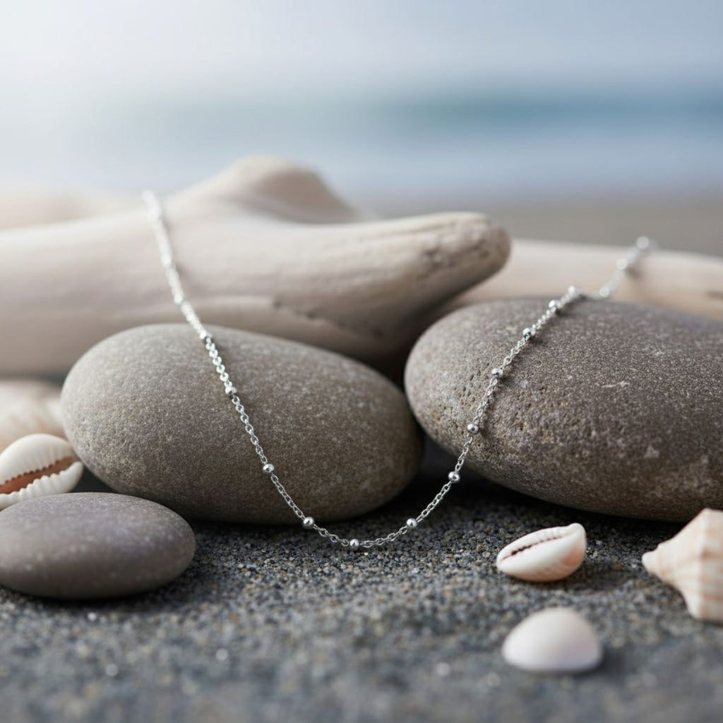 Elegant Silver Beaded Chain Necklace with Gold Plating