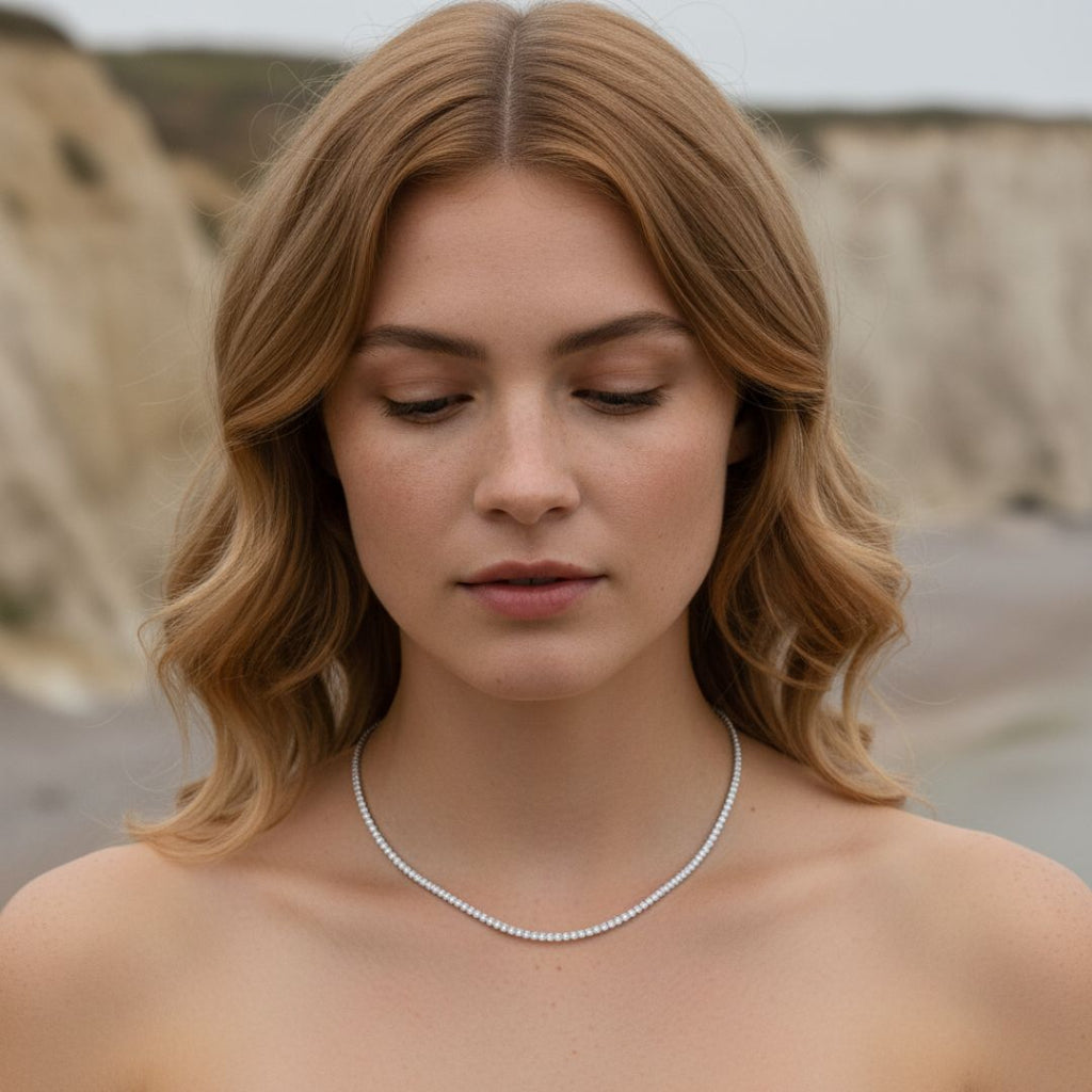 Elegant Thin Tennis Necklace - Rhodium Plated Brass with Cubic Zirconia