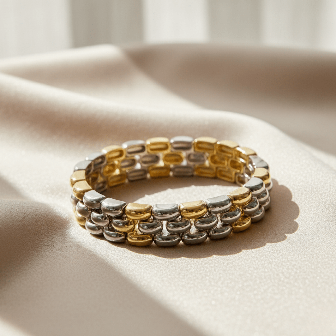 Elegante tweekleurige gouden armband - goud- en rhodiumgeplateerd stretchontwerp