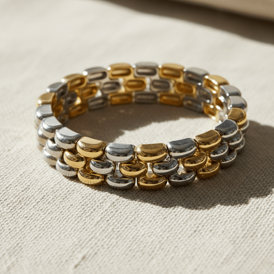 Elegante tweekleurige gouden armband - goud- en rhodiumgeplateerd stretchontwerp