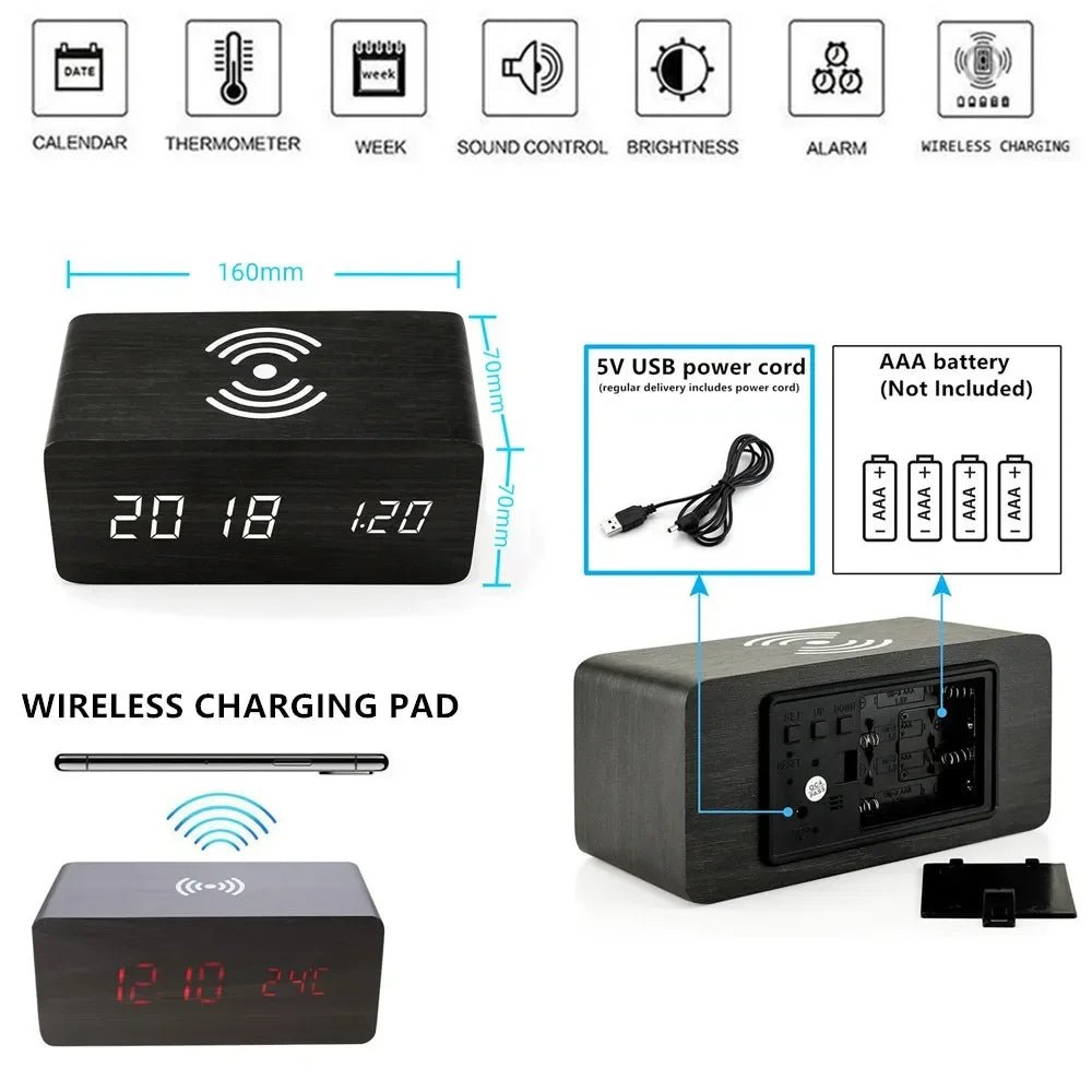 WOODTIME PRO – Wooden LED Alarm Clock with Wireless Charging 3