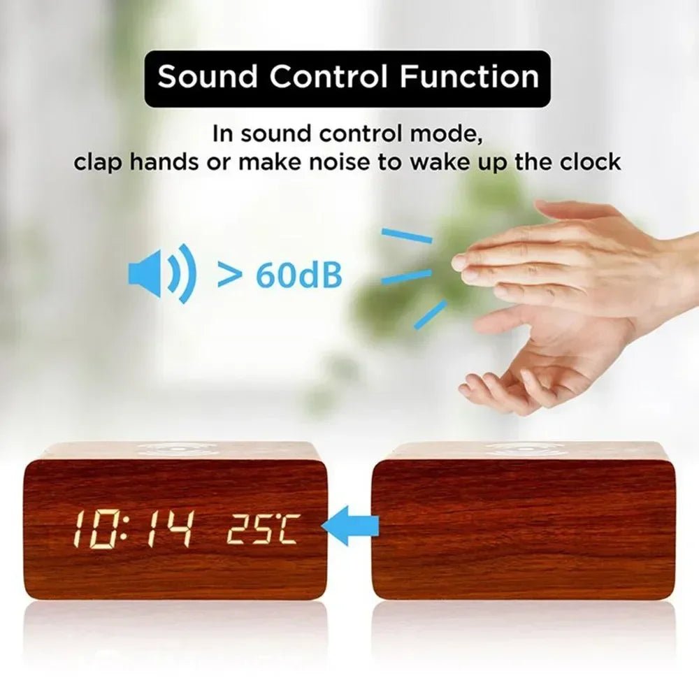 WOODTIME PRO – Wooden LED Alarm Clock with Wireless Charging 4