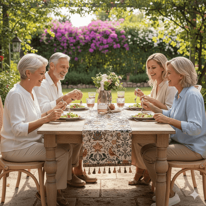 EVERBLOOM LINENS – Elegante tafelloper met bloem- en vogeljacquardontwerp