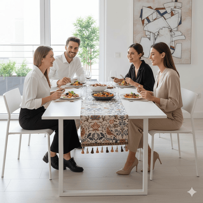 EVERBLOOM LINENS – Elegante tafelloper met bloem- en vogeljacquardontwerp