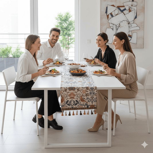 EVERBLOOM LINENS – Elegante tafelloper met bloem- en vogeljacquardontwerp