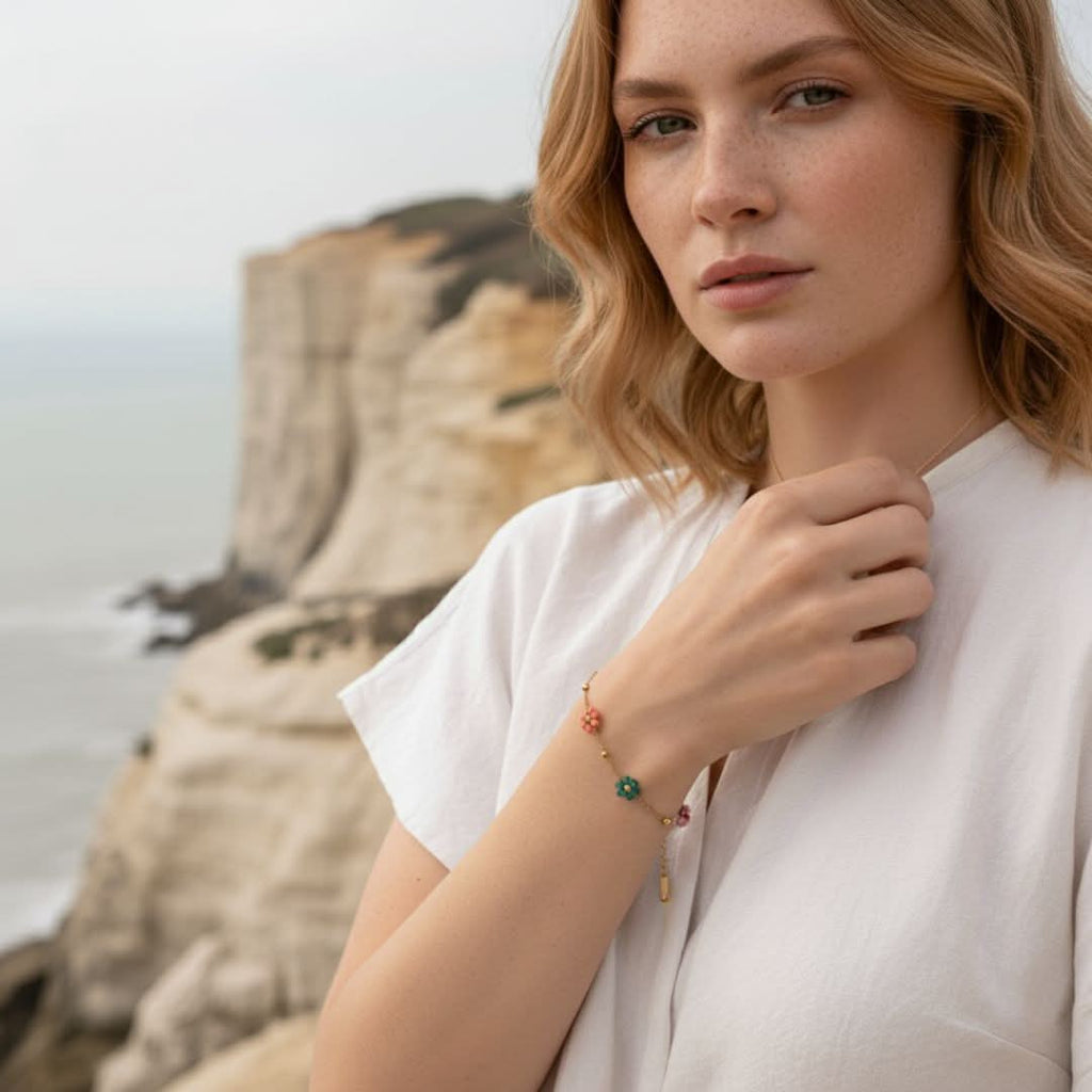 Floral Beaded Bracelet with Gold Coating - Handcrafted Colorful Design