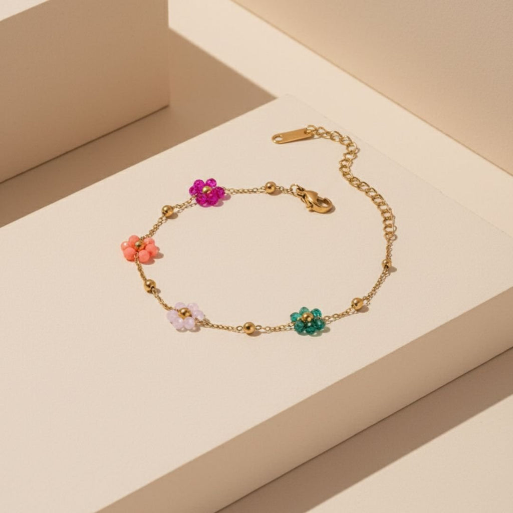 Floral Beaded Bracelet with Gold Coating - Handcrafted Colorful Design