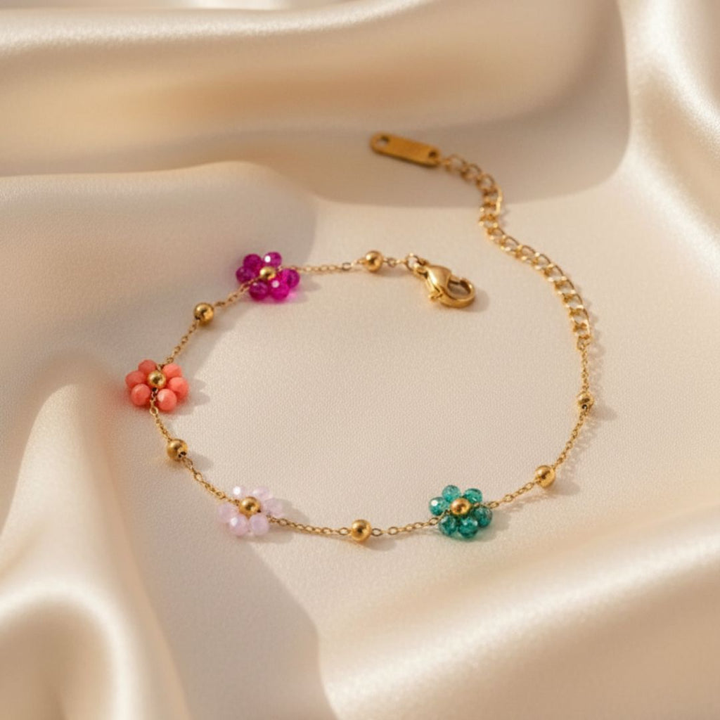 Floral Beaded Bracelet with Gold Coating - Handcrafted Colorful Design